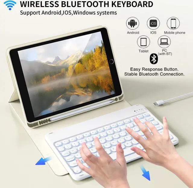 Alt view image 4 of 5 - Aoub Keyboard Case for iPad 9th/8th/7th Generation 10.2 inch, 7 Colors Backlit, Stand Folio Detachable Wireless Bluetooth Keyboard Cover Soft TPU Back Case for iPad 10.2 2021/2020/2019 - White