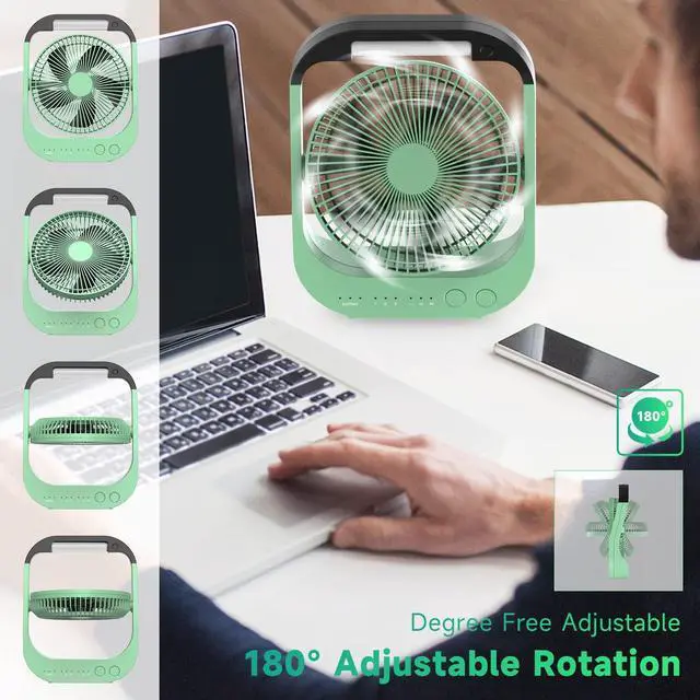 Alt view image 3 of 5 - ATEngeus USB Desk Fan, 10000mAh Rechargeable Battery Operated Fan, 4 Speeds Table Fan, 8" Camping Fan, 180degRotation, LED Light, Timer, Portable Fan for Camping,Traveling