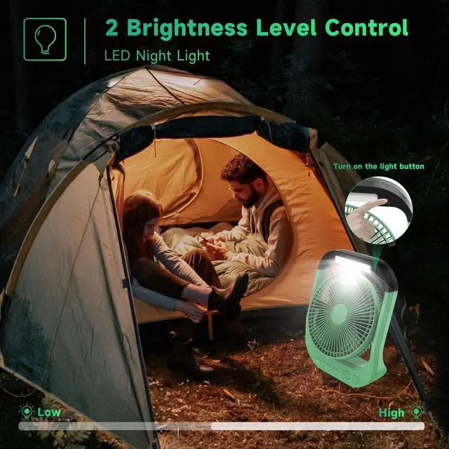Alt view image 4 of 5 - ATEngeus USB Desk Fan, 10000mAh Rechargeable Battery Operated Fan, 4 Speeds Table Fan, 8" Camping Fan, 180degRotation, LED Light, Timer, Portable Fan for Camping,Traveling
