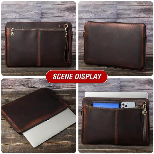 Alt view image 2 of 5 - CataPurus Top Grain Leather 15.4" Slim Laptop Sleeve Case Bag, Vintage Design with 2 Zip Pocket, Handmade, Compatible with MacBook Pro 15.4" Retina 2.6GHz ThinkPad 15.6" & Other PC, Coffee 15.4 Inch