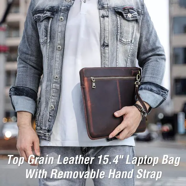 Alt view image 3 of 5 - CataPurus Top Grain Leather 15.4" Slim Laptop Sleeve Case Bag, Vintage Design with 2 Zip Pocket, Handmade, Compatible with MacBook Pro 15.4" Retina 2.6GHz ThinkPad 15.6" & Other PC, Coffee 15.4 Inch