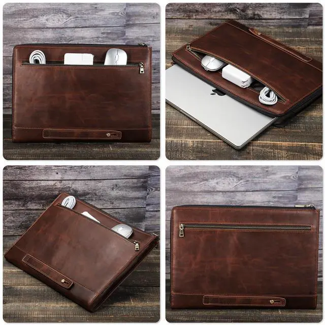 Alt view image 2 of 5 - CataPurus Top Grain Leather 14.2" Slim Laptop Handheld Zipper Bag, Vintage Design & 2 Pockets, Handmade, Compatible with MacBook Pro 14" 2021 2022 M1 Pro/M1 Max A2442 & Other PC, Red Brown 14.2 Inch
