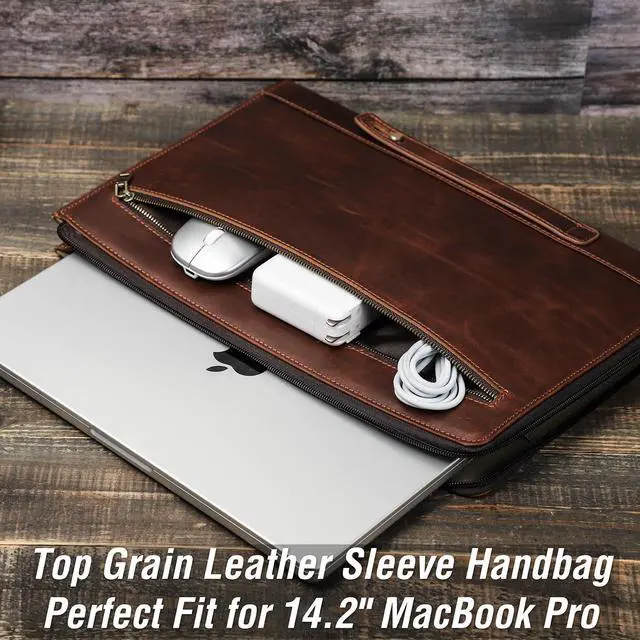 Alt view image 3 of 5 - CataPurus Top Grain Leather 14.2" Slim Laptop Handheld Zipper Bag, Vintage Design & 2 Pockets, Handmade, Compatible with MacBook Pro 14" 2021 2022 M1 Pro/M1 Max A2442 & Other PC, Red Brown 14.2 Inch