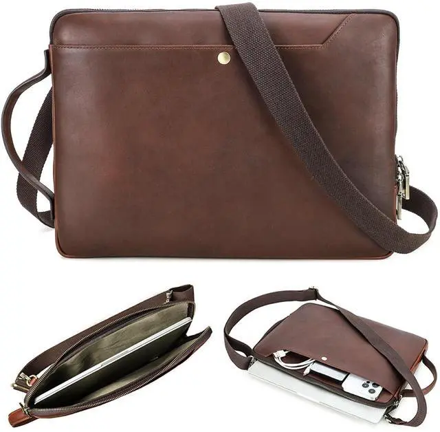 Main image of CataPurus Top Grain Leather 14.2" Slim Laptop Bag Case, Handmade, Adjustable Strap & 2 Pockets, Compatible with MacBook Pro 14 inch 2021 2022 M1 Pro/M1 Max A2442 & Other PC, Red Coffee 14.2 Inch