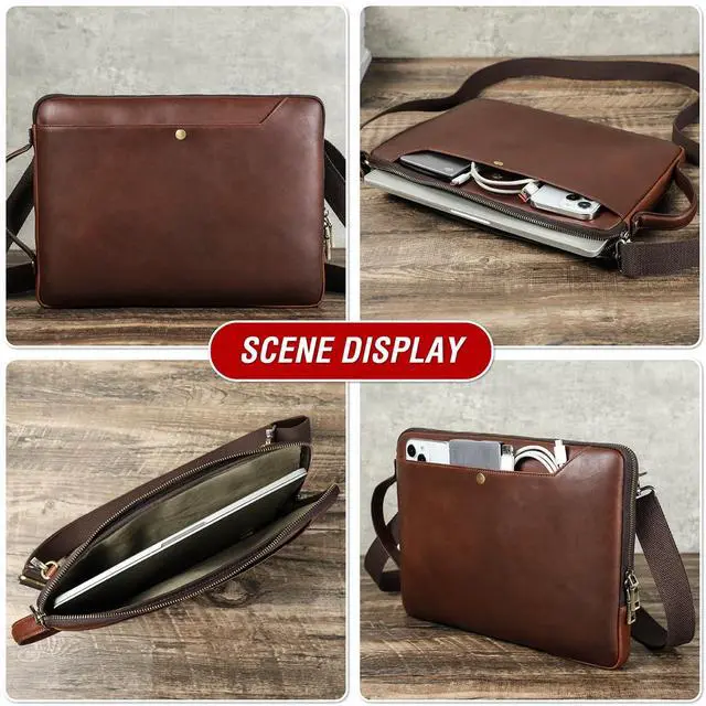 Alt view image 2 of 5 - CataPurus Top Grain Leather 14.2" Slim Laptop Bag Case, Handmade, Adjustable Strap & 2 Pockets, Compatible with MacBook Pro 14 inch 2021 2022 M1 Pro/M1 Max A2442 & Other PC, Red Coffee 14.2 Inch
