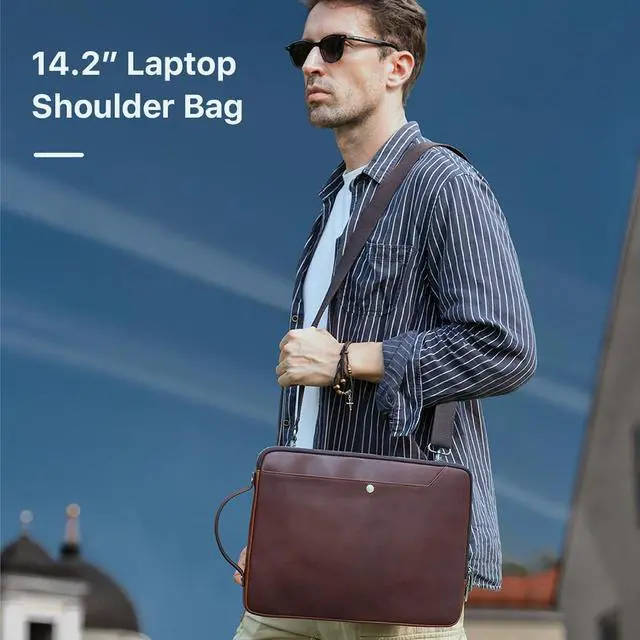 Alt view image 3 of 5 - CataPurus Top Grain Leather 14.2" Slim Laptop Bag Case, Handmade, Adjustable Strap & 2 Pockets, Compatible with MacBook Pro 14 inch 2021 2022 M1 Pro/M1 Max A2442 & Other PC, Red Coffee 14.2 Inch