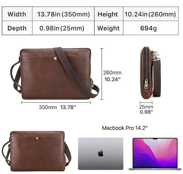 Alt view image 4 of 5 - CataPurus Top Grain Leather 14.2" Slim Laptop Bag Case, Handmade, Adjustable Strap & 2 Pockets, Compatible with MacBook Pro 14 inch 2021 2022 M1 Pro/M1 Max A2442 & Other PC, Red Coffee 14.2 Inch