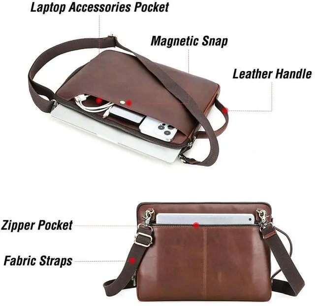 Alt view image 5 of 5 - CataPurus Top Grain Leather 14.2" Slim Laptop Bag Case, Handmade, Adjustable Strap & 2 Pockets, Compatible with MacBook Pro 14 inch 2021 2022 M1 Pro/M1 Max A2442 & Other PC, Red Coffee 14.2 Inch