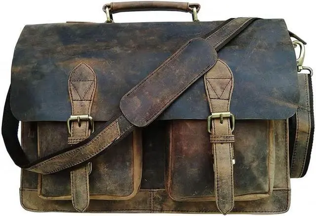 Alt view image 2 of 5 - 16 Inch Retro Buffalo Hunter Leather Laptop Messenger Bag Office Briefcase Crossbody Travel Bag For Men And Women College Bag Office Laptop Bag