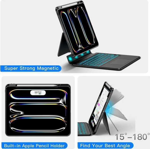Alt view image 5 of 5 - JUQITECH iPad Pro 13 Inch Case with Keyboard M4 2024, iPad Pro 13 Keyboard Case Wireless Backlight Multi-Touch Trackpad Keyboard Magnetic Portrait Kickstand Detachable Soft Case with Pencil Holder