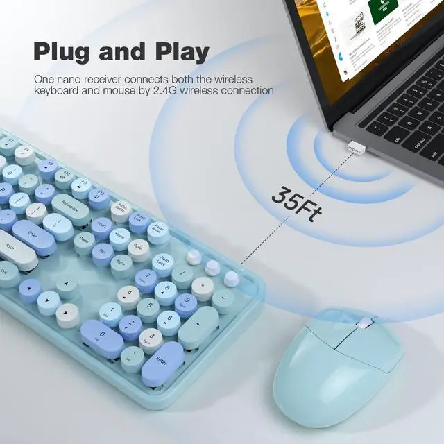 Alt view image 2 of 5 - KNOWSQT Wireless Keyboard and Mouse Combo, Blue Colorful 2.4G Typewriter Full-Size Cute Keyboards - USB Receiver Plug and Play, for Computer, PC, Laptop, Desktop, Windows