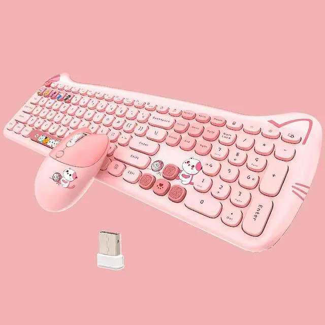 Main image of Cute Cat 2.4G USB Wireless Keyboard and Mouse Combo, Silent Keys, Candy Colors, Compatible with Notebook, PC (Pink-110Keys)