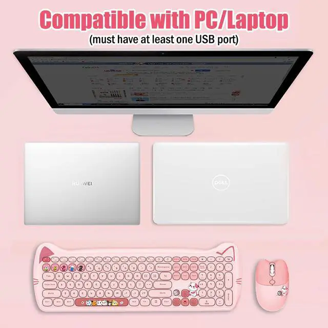 Alt view image 4 of 5 - Cute Cat 2.4G USB Wireless Keyboard and Mouse Combo, Silent Keys, Candy Colors, Compatible with Notebook, PC (Pink-110Keys)