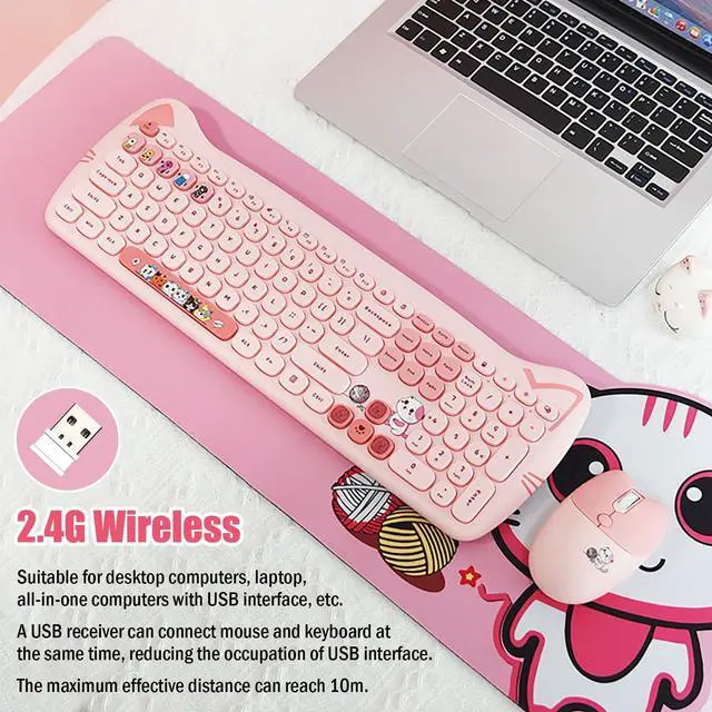 Alt view image 3 of 5 - Cute Cat 2.4G USB Wireless Keyboard and Mouse Combo, Silent Keys, Candy Colors, Compatible with Notebook, PC (Pink-110Keys)