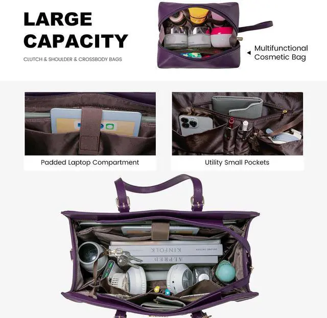 Alt view image 4 of 5 - LOVEVOOK Laptop Bag for Women 15.6 inch Lightweight PU Laptop Tote Bag, Large Capacity Computer bag with Clutch Purse for Business, Work, Office, Travel,SchoolCasualDark Purple15.6 Inch