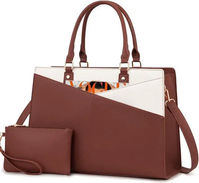 Main image of LOVEVOOK Laptop Tote Bag for Women, Leather Business Office Work Bag Computer Briefcase with Small Clutch fit for 15.6 Inch Laptop,Brown-Beige