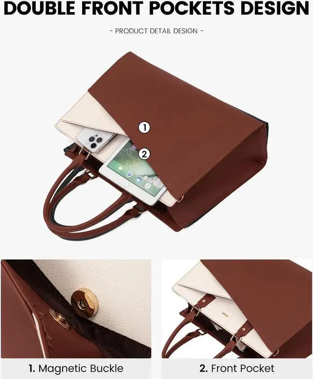 Alt view image 3 of 5 - LOVEVOOK Laptop Tote Bag for Women, Leather Business Office Work Bag Computer Briefcase with Small Clutch fit for 15.6 Inch Laptop,Brown-Beige