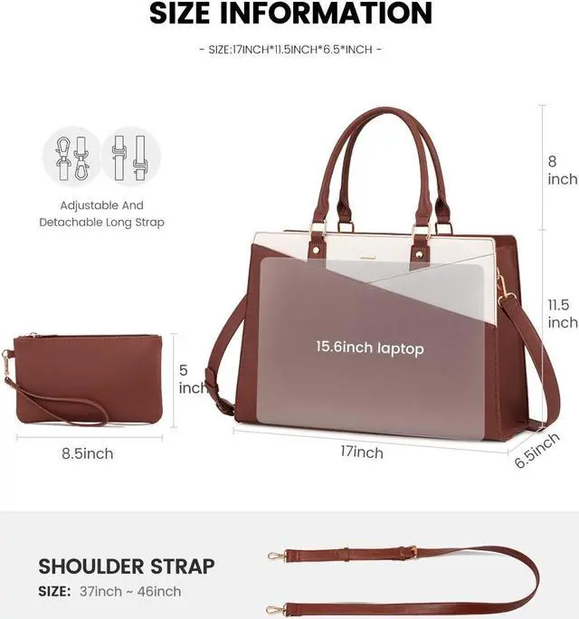 Alt view image 4 of 5 - LOVEVOOK Laptop Tote Bag for Women, Leather Business Office Work Bag Computer Briefcase with Small Clutch fit for 15.6 Inch Laptop,Brown-Beige