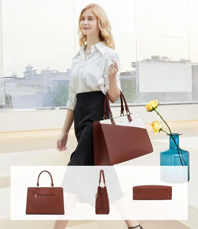 Alt view image 2 of 5 - LOVEVOOK Laptop Tote Bag for Women, Leather Business Office Work Bag Computer Briefcase with Small Clutch fit for 15.6 Inch Laptop,Brown-Beige