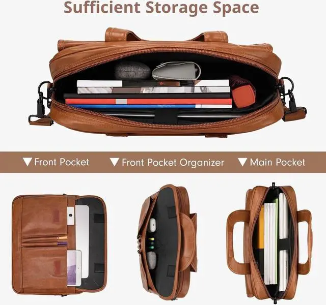 Alt view image 3 of 5 - Taygeer Leather Laptop Bag for Men Women, Premium Laptop Briefcase Fits Up to 15.6 Inch Notebook, Waterproof Portable Shoulder Messenger Crossbody Bag Carry On Case for Travel Business Office, Brown