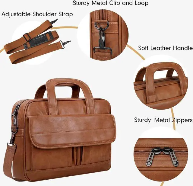 Alt view image 4 of 5 - Taygeer Leather Laptop Bag for Men Women, Premium Laptop Briefcase Fits Up to 15.6 Inch Notebook, Waterproof Portable Shoulder Messenger Crossbody Bag Carry On Case for Travel Business Office, Brown