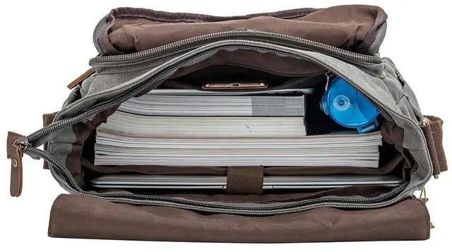 Alt view image 3 of 4 - Waterproof Vintage Genuine Leather Waxed Canvas Briefcase Large Satchel Shoulder Bag Rugged Leather Computer Laptop Bag for 15.6Inch Laptop Business Briefcase