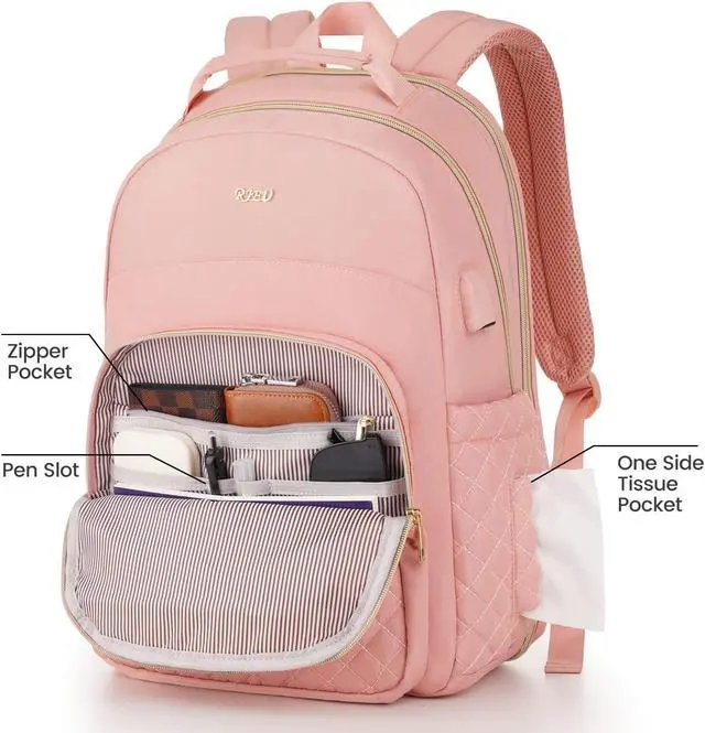 Alt view image 3 of 5 - RJEU Girls School Backpack,Cute Backpack for Women with Laptop Compartment,Teen Bookbag for College Travel Work,Mochilas Escolares para Niñas,Pink