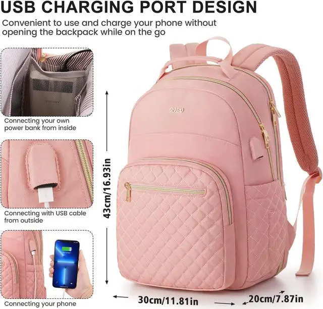 Alt view image 5 of 5 - RJEU Girls School Backpack,Cute Backpack for Women with Laptop Compartment,Teen Bookbag for College Travel Work,Mochilas Escolares para Niñas,Pink