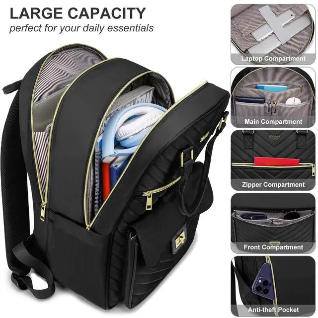 Alt view image 4 of 5 - RJEU School Backpack Aesthetic for Teen Girls,Laptop Bag Bookbag with USB Port for Women College Student,Mochilas de Mujer,Black