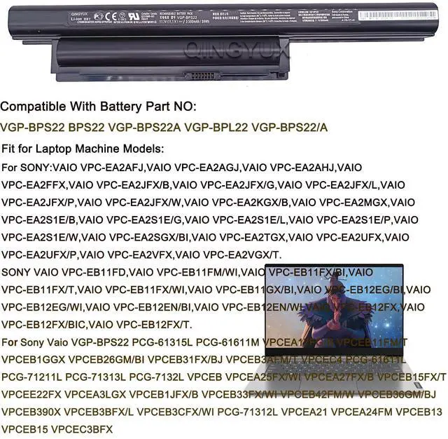 Alt view image 5 of 5 - QINGYUX New 11.1V 3500mAh VGP-BPS22 Battery Compatible with Sony VAIO VPCEA20 Series Laptop