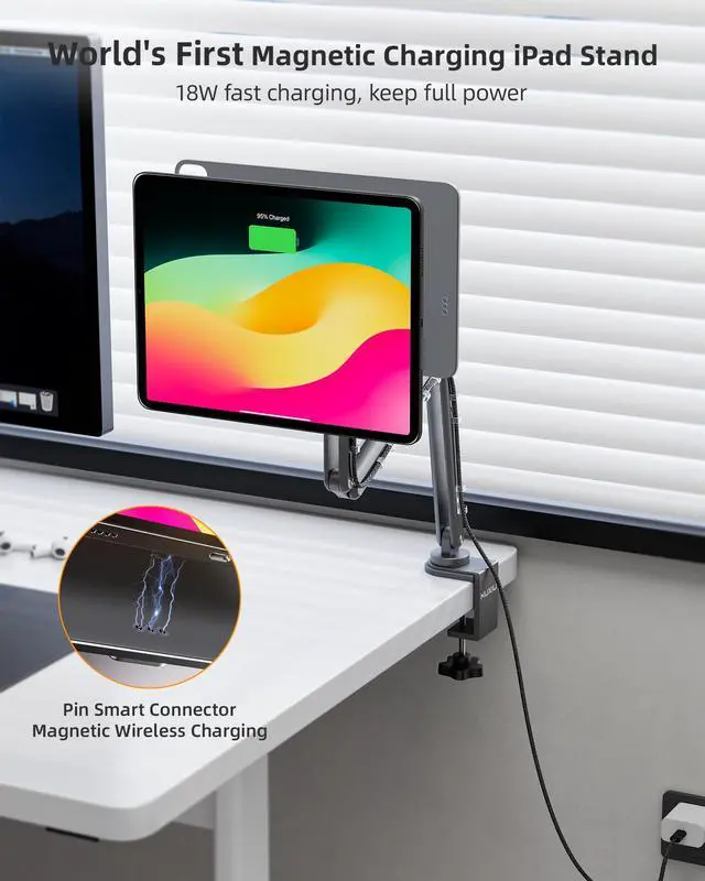 Alt view image 3 of 5 - KU XIU Magnetic Wireless Charging Stand for iPad Pro 11" M4 (2024) Only, Aluminum Alloy Arm Mount 360° Adjustable Tablet Holder for Working, Three-Section Foldable Desktop Stand with 2M USB C Cable