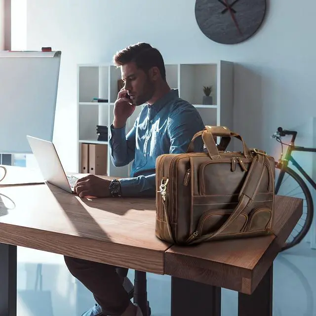 Alt view image 2 of 5 - Top Cowhide Leather briefcase for men,17.3 Inch Messenger Bag Laptop Briefcase with YKK Metal Zippers Fit Business Trip (Dark Brown)