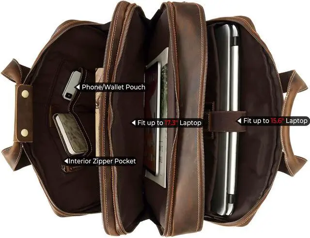 Alt view image 5 of 5 - Top Cowhide Leather briefcase for men,17.3 Inch Messenger Bag Laptop Briefcase with YKK Metal Zippers Fit Business Trip (Dark Brown)