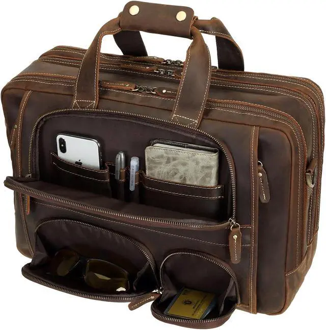 Main image of Top Cowhide Leather briefcase for men,17.3 Inch Messenger Bag Laptop Briefcase with YKK Metal Zippers Fit Business Trip (Dark Brown)