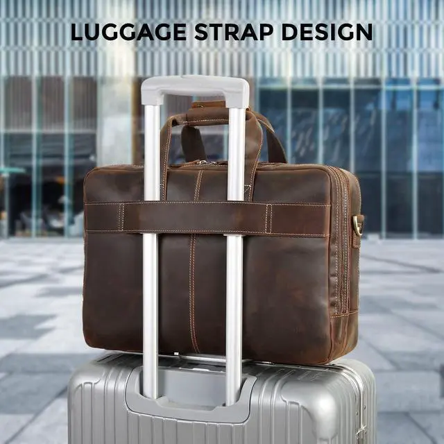 Alt view image 4 of 5 - Top Cowhide Leather briefcase for men,17.3 Inch Messenger Bag Laptop Briefcase with YKK Metal Zippers Fit Business Trip (Dark Brown)