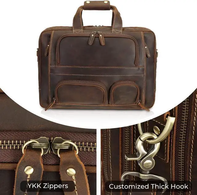 Alt view image 3 of 5 - Top Cowhide Leather briefcase for men,17.3 Inch Messenger Bag Laptop Briefcase with YKK Metal Zippers Fit Business Trip (Dark Brown)