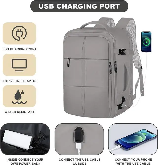 Alt view image 3 of 5 - Carry On Backpack, Travel Backpack Flight Approved with USB Charging Port, 55L Expandable Weekender Daypack Overnight Fits 18.4 Inch Laptops Suitcase Bag, Grey