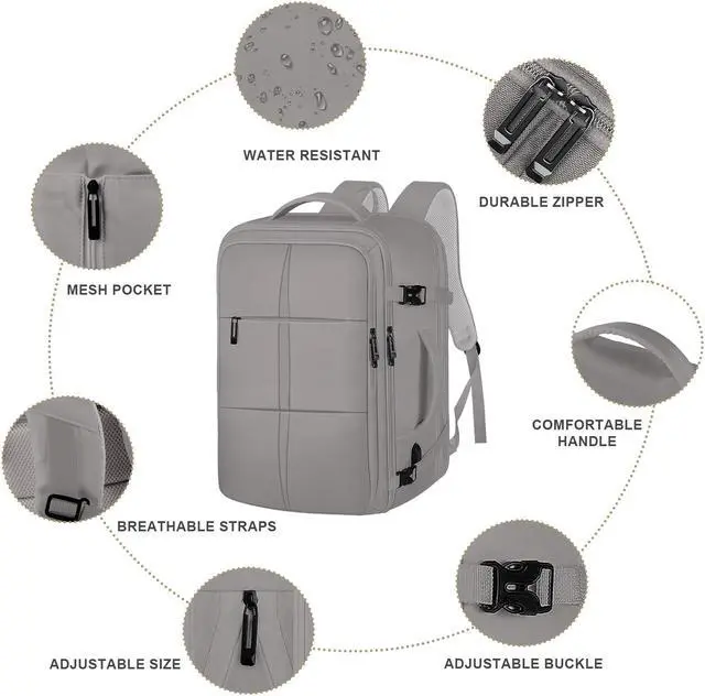 Alt view image 4 of 5 - Carry On Backpack, Travel Backpack Flight Approved with USB Charging Port, 55L Expandable Weekender Daypack Overnight Fits 18.4 Inch Laptops Suitcase Bag, Grey
