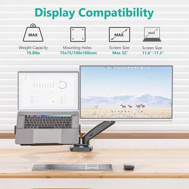 Alt view image 2 of 5 - WALI Laptop Mount for Desk, Monitor Arm Mount for 17"-32Computer Screen and 11.6" - 17.3" Notebook,Dual Monitor Mount Holds up to 19.8lbs, Laptop Tray Stand with Gas Spring Arm (GSMP002LP), Black