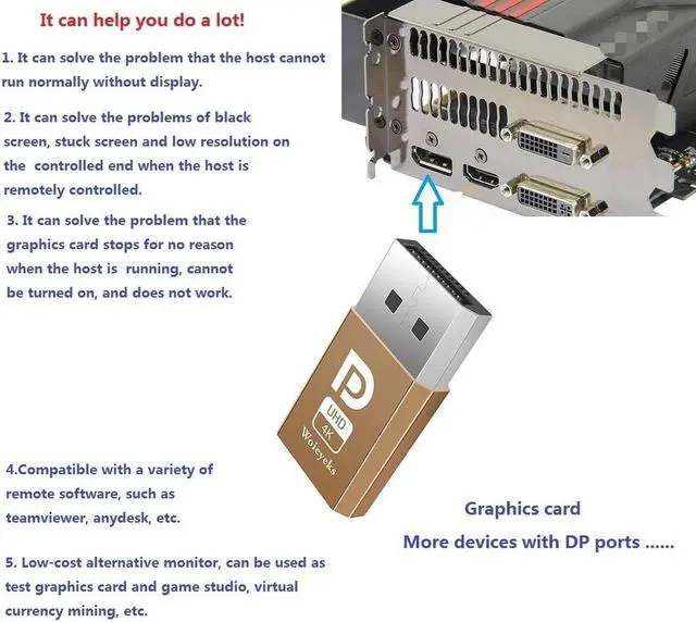 Alt view image 3 of 5 - Woieyeks DisplayPort Dummy Plug 4K,Headless Ghost Display Emulator EDID Emulator Plug Support 1080@60Hz-3840x2160@17hz 8-Pack