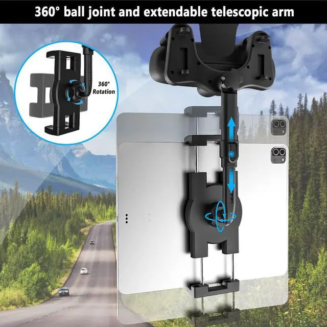 Alt view image 3 of 5 - YOOZ Car Rearview Mirror Tablet Mount, Truck Rear View Mirror Tablet Phone Holder Bracket with Adjustable Arm [Rotatable 360° & Retractable] for iPad Air Mini, Galaxy, Fire, iPhone, 4-11"