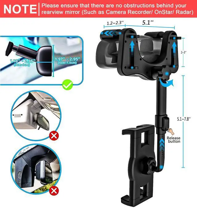 Alt view image 5 of 5 - YOOZ Car Rearview Mirror Tablet Mount, Truck Rear View Mirror Tablet Phone Holder Bracket with Adjustable Arm [Rotatable 360° & Retractable] for iPad Air Mini, Galaxy, Fire, iPhone, 4-11"