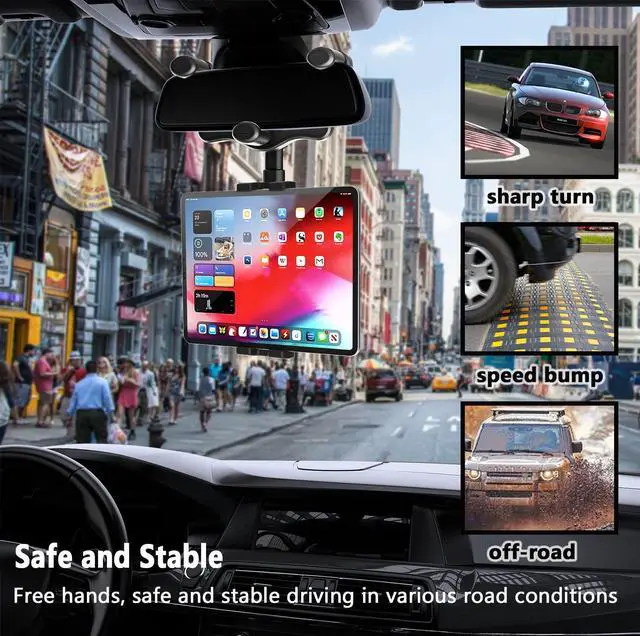 Alt view image 2 of 5 - YOOZ Car Rearview Mirror Tablet Mount, Truck Rear View Mirror Tablet Phone Holder Bracket with Adjustable Arm [Rotatable 360° & Retractable] for iPad Air Mini, Galaxy, Fire, iPhone, 4-11"