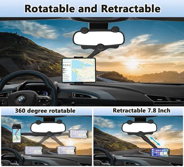 Alt view image 4 of 5 - YOOZ Car Rearview Mirror Tablet Mount, Truck Rear View Mirror Tablet Phone Holder Bracket with Adjustable Arm [Rotatable 360° & Retractable] for iPad Air Mini, Galaxy, Fire, iPhone, 4-11"