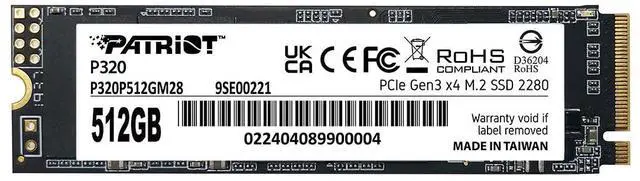 Main image of Patriot Memory P320 512GB Internal SSD - NVMe PCIe Gen 3x4 - M.2 2280 - Solid State Drive - P320P512GM28