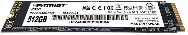 Alt view image 2 of 4 - Patriot Memory P320 512GB Internal SSD - NVMe PCIe Gen 3x4 - M.2 2280 - Solid State Drive - P320P512GM28