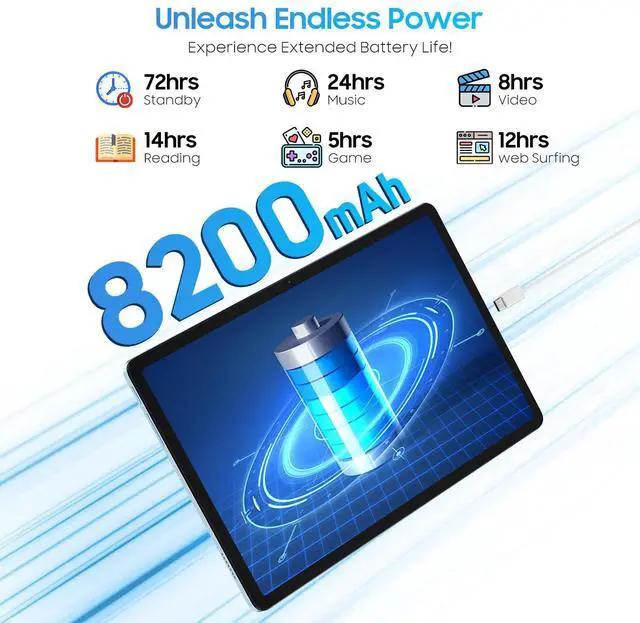 Alt view image 4 of 5 - Blackview 2025 Android 15 Tablet 11 inch, Tab 90WiFi with 12GB+128GB Storage(Expand to 2TB), Unisoc T606 CPU, 8200mAh, IPS Display, Widevine L1, 5G WiFi Tablets, 13MP+8MP Camaras/Face ID, Blue