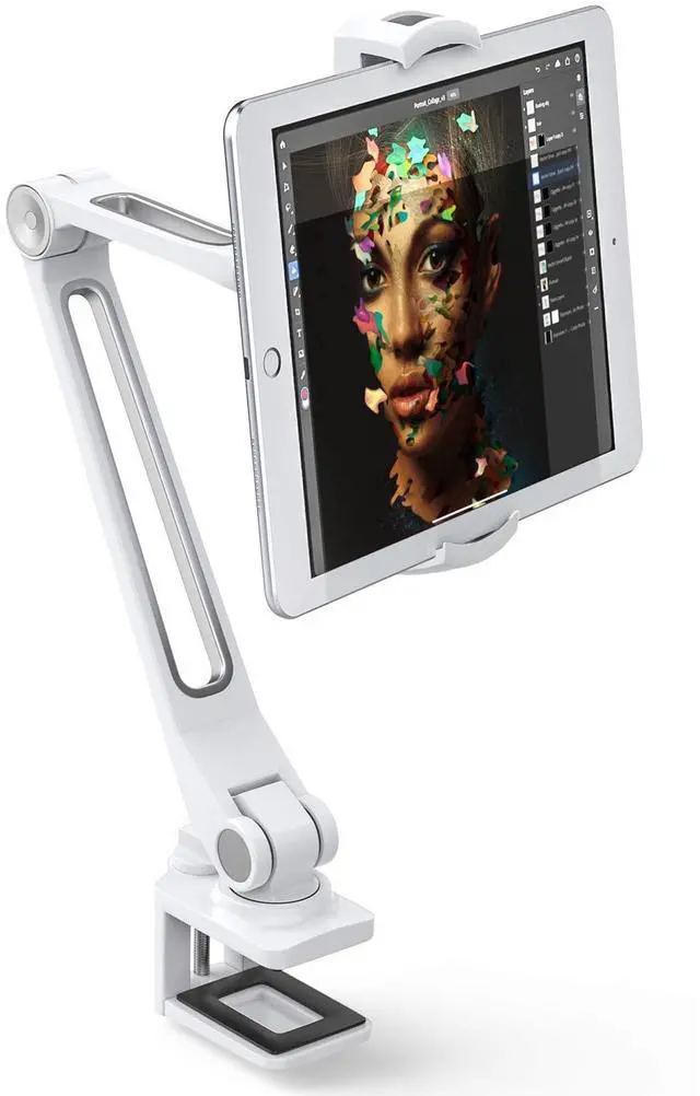 Main image of AboveTEK iPad Desk Mount, Multi-Angle Adjustable Tablet Clamp Holder, 360° Swivel Arm Aluminum Tablets Stand, Fits 4"-11" Tablet/Phone/iPad mini for Home Office Kitchen Bedside (White)
