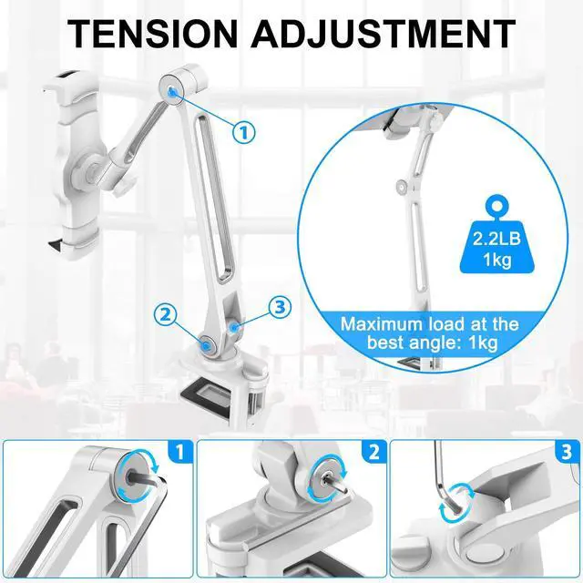 Alt view image 3 of 5 - AboveTEK iPad Desk Mount, Multi-Angle Adjustable Tablet Clamp Holder, 360° Swivel Arm Aluminum Tablets Stand, Fits 4"-11" Tablet/Phone/iPad mini for Home Office Kitchen Bedside (White)