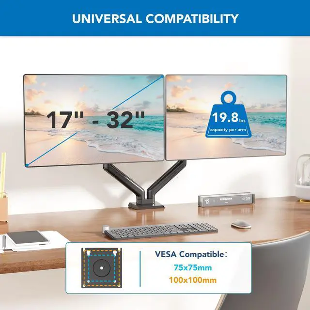 Alt view image 3 of 5 - Mount-It! Full Motion Dual Monitor Mount with Spring Arms, 17" to 32", Full Motion Monitor Arm with Tilt, Rotation, Swivel, Height Adjustment, Clamp or Grommet, Fits VESA 75x75 and 100x100 - Black